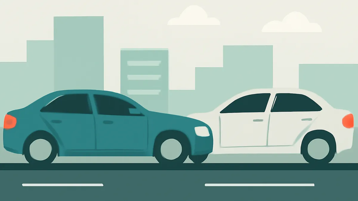 Two cars, one teal and one white, are stopped on a road with a city skyline in the background