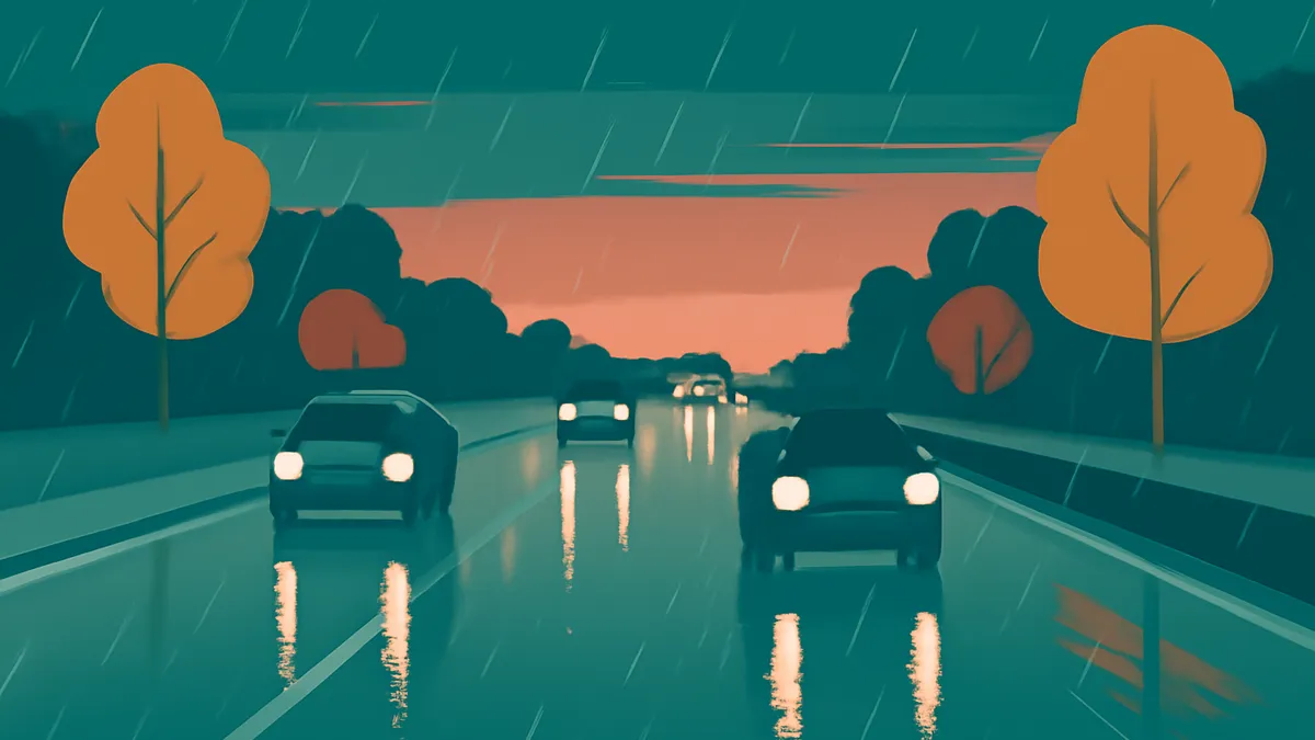 Cars driving on a wet road in the rain at dusk, with orange trees and a pinkish-orange sky