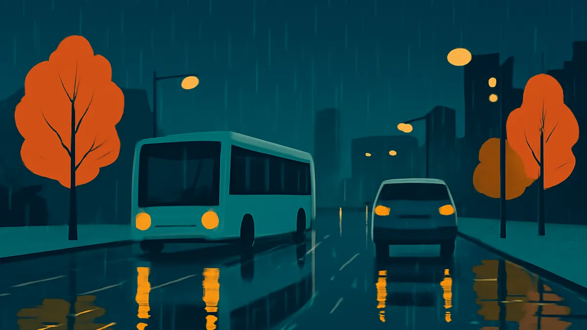 A bus and a car on a wet road at night, with orange trees and streetlights reflecting in the puddles