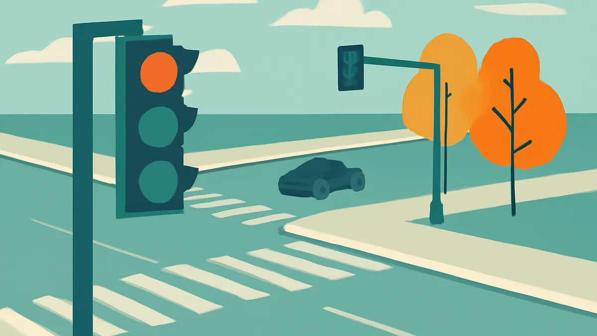A car at an intersection with a traffic light showing orange, and two trees with orange leaves