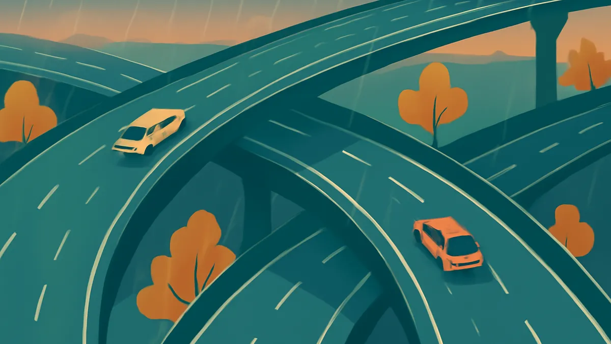 Two cars on a multi-level highway interchange with trees in a stylized, flat art style