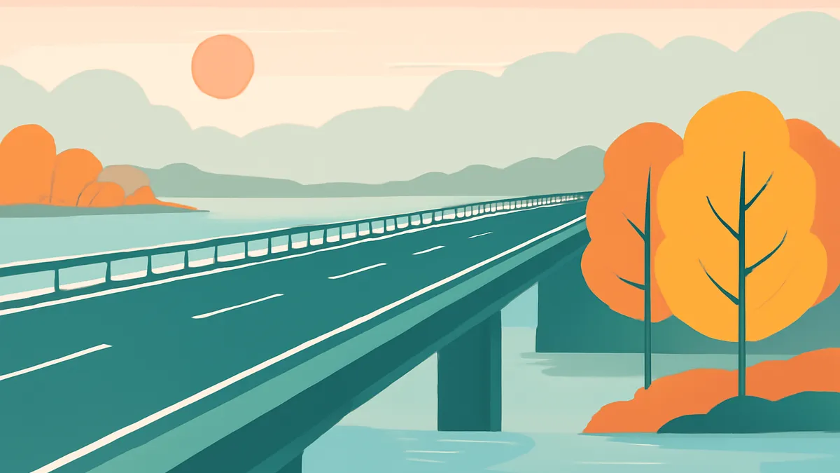 A highway bridge over water with trees and hills in the background under a setting sun, in flat teal and orange tones