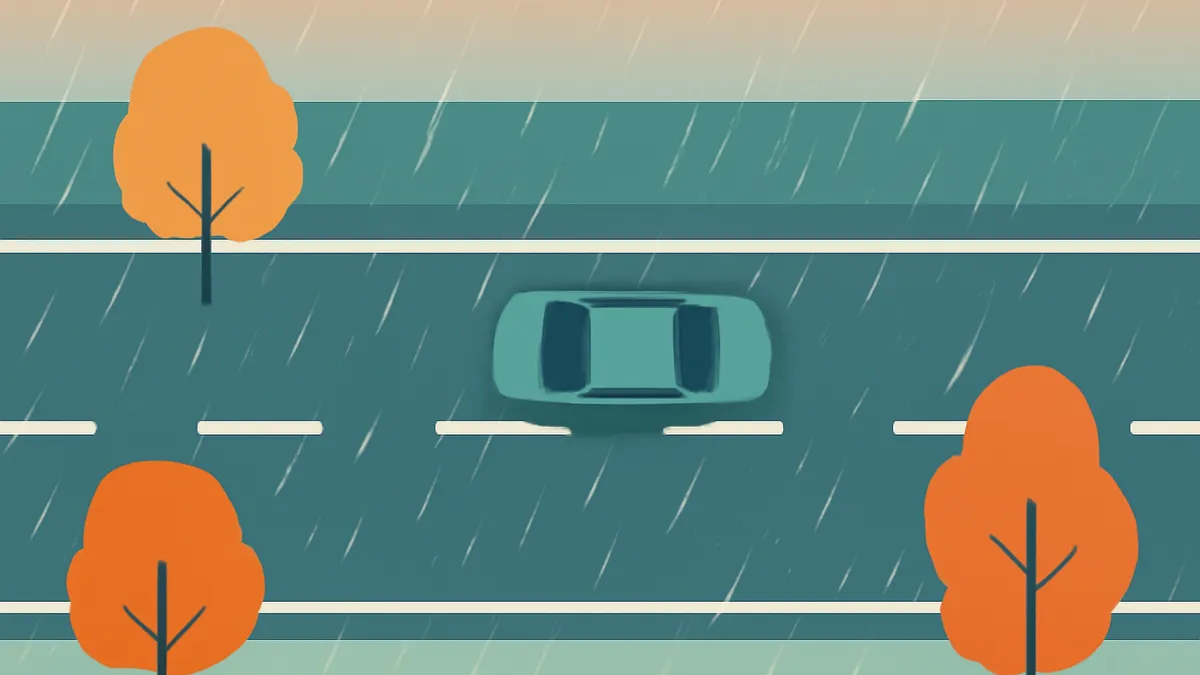 A teal car drives on a two-lane road with white dashed lines, surrounded by orange trees, under falling rain