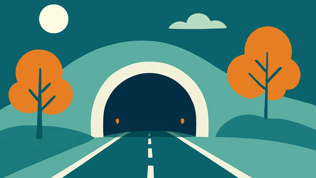 A road leading into a tunnel, flanked by two trees, under a sky with a moon and a cloud, in a flat illustration style
