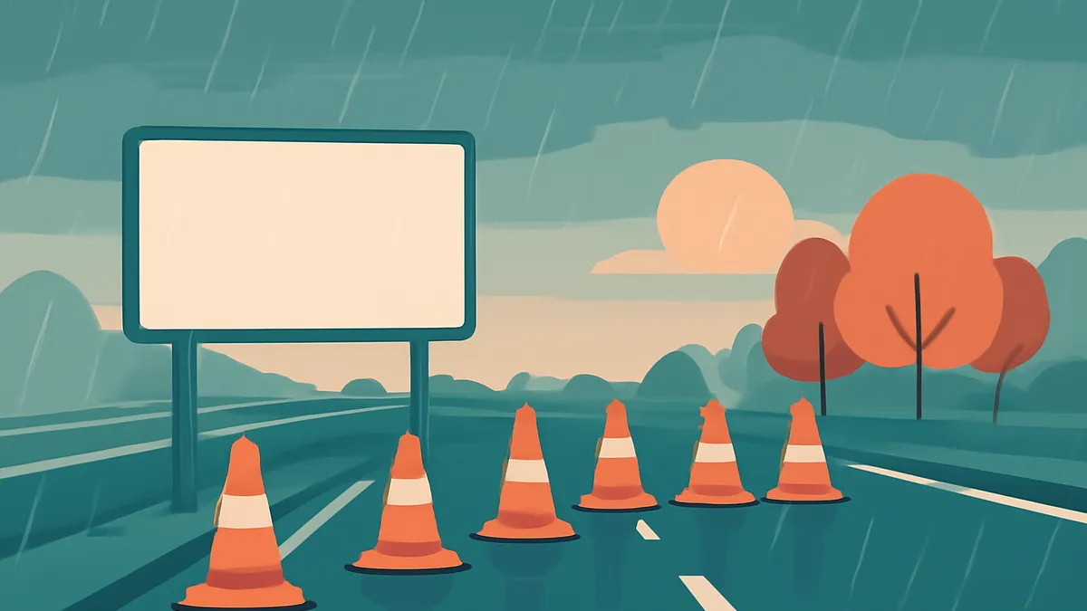 A blank highway sign and a line of orange traffic cones on a wet road under a rainy sky with trees in the background