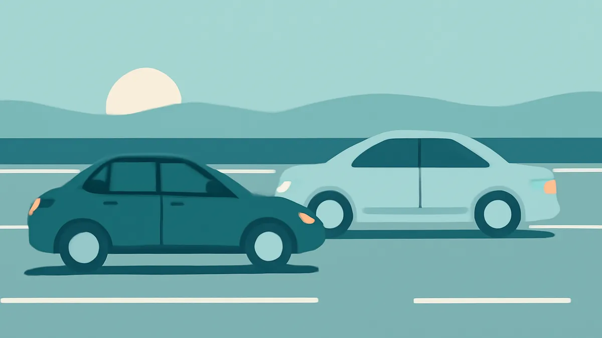 Two cars, one dark teal and one light blue, driving on a road with a sun and mountains in the background