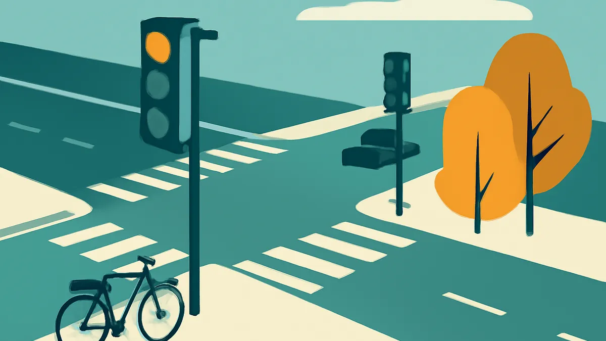 A street intersection with a bicycle, traffic lights, and trees under a cloudy sky
