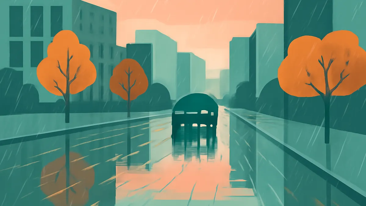 A rainy city street with teal buildings and orange trees, reflecting in the wet pavement under a peach sky