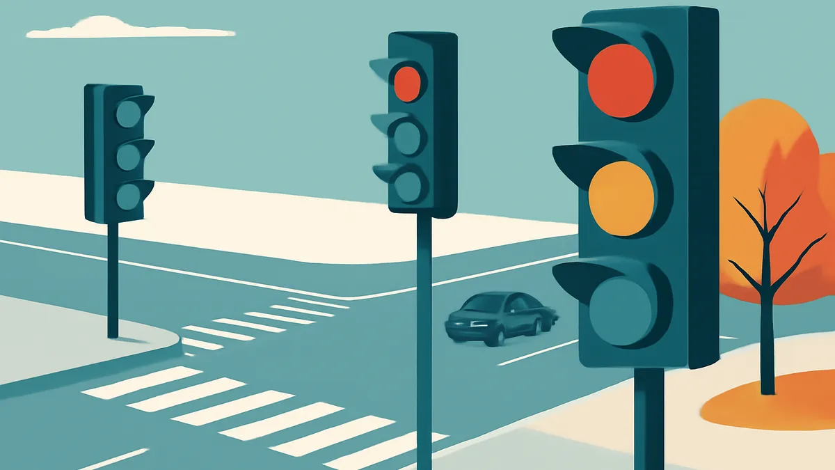 A car driving through an intersection with two traffic lights, one showing red and the other yellow, next to an orange tree