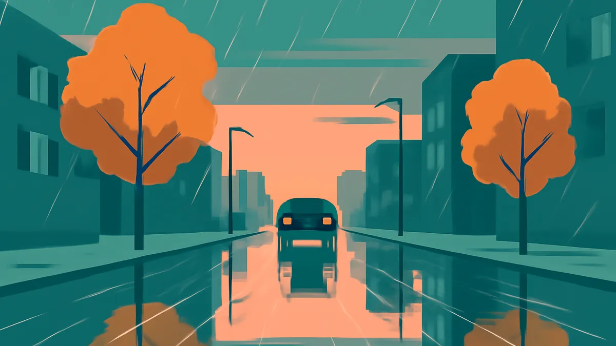 A car drives down a wet city street in the rain, with buildings and trees on either side, under an orange sky