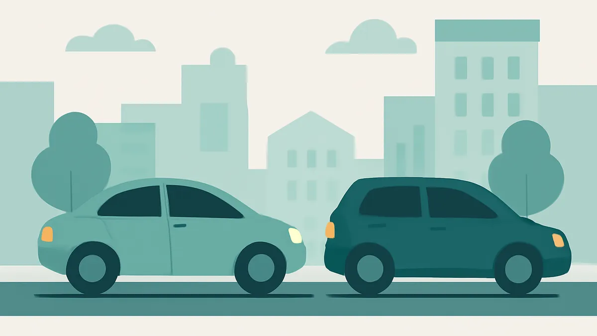 Two cars, one light teal sedan and one dark teal SUV, driving on a road with a city skyline in the background