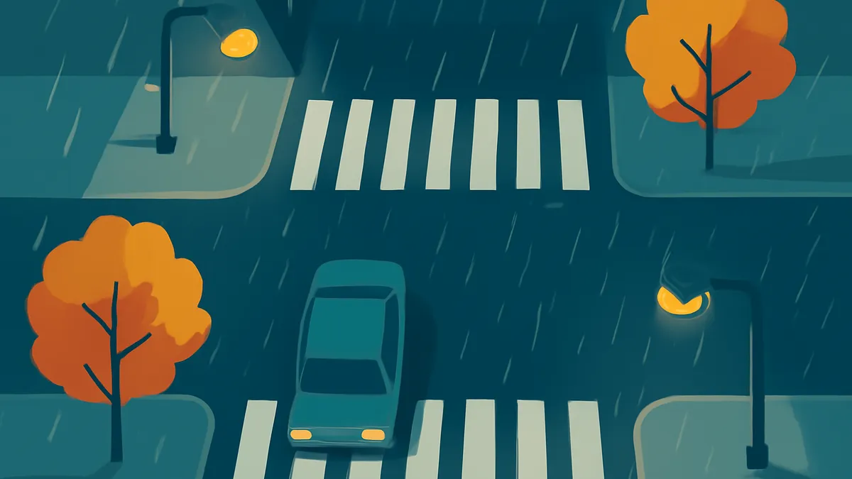 An overhead view of a teal car on a crosswalk at a rainy intersection with streetlights and trees