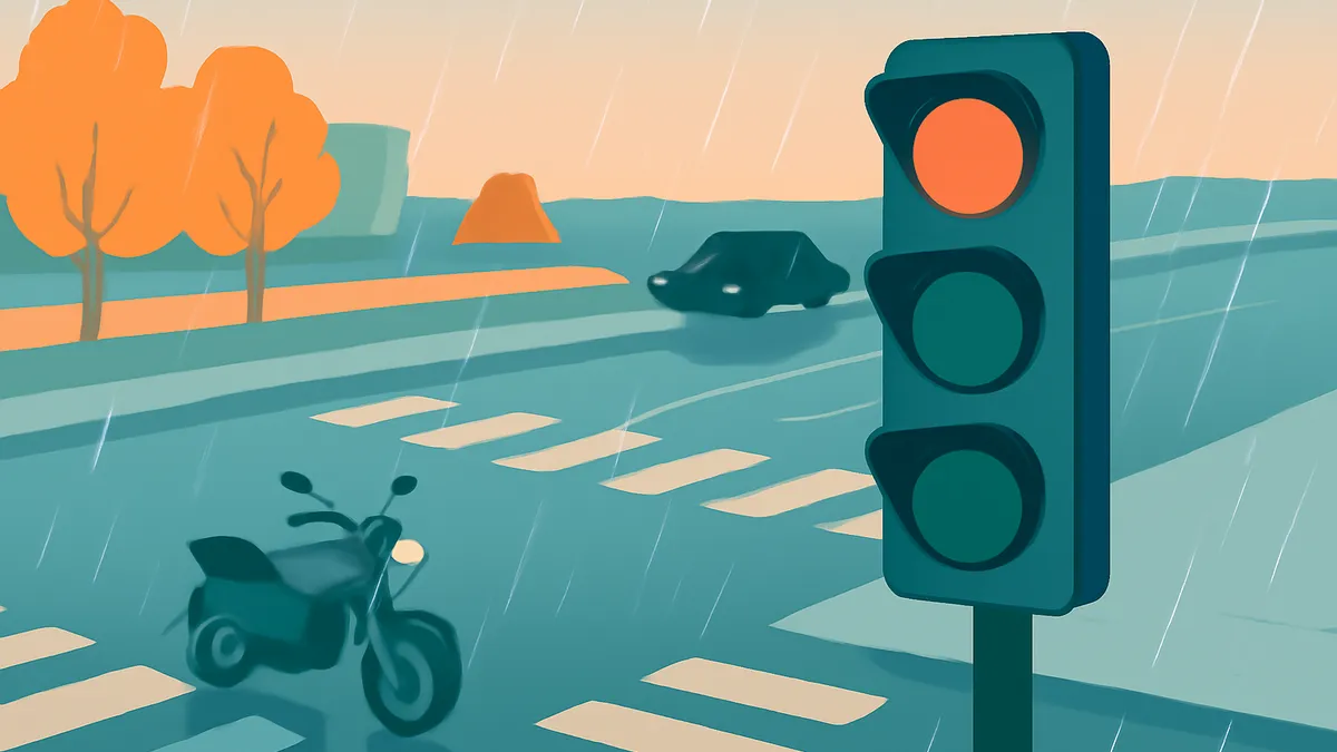 A motorcycle and a car on a rainy street with a traffic light showing red, in a flat illustration style