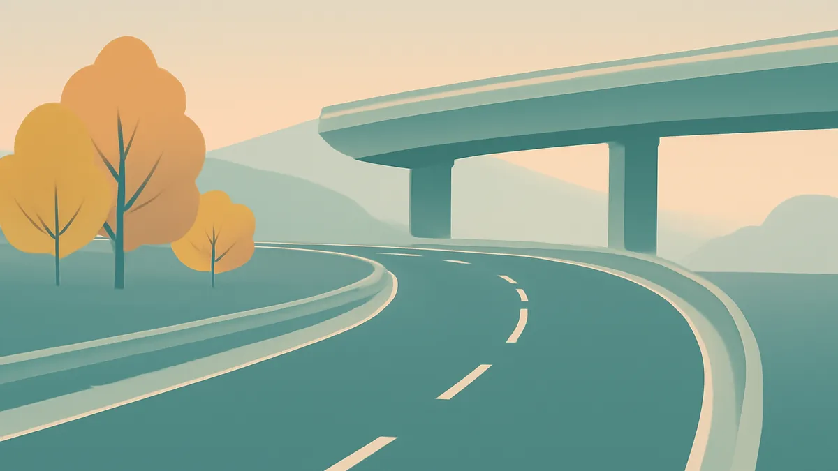 A highway curves to the right under an overpass, with trees and hills in the background, in flat teal and orange tones