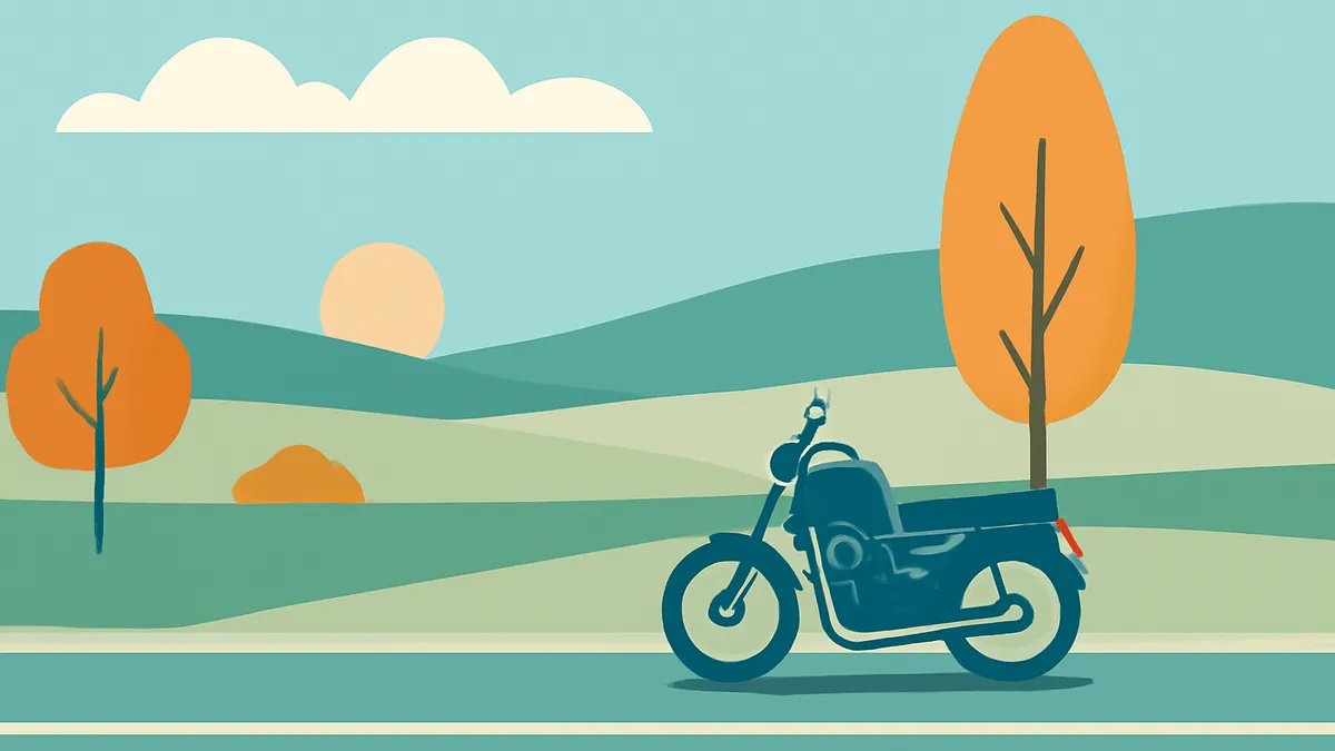 A teal motorcycle on a road with rolling green hills, orange trees, and a pale yellow sun and clouds in the sky