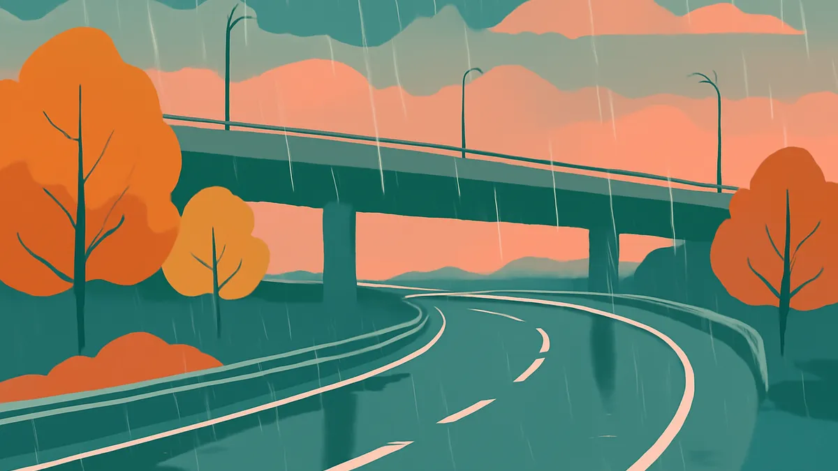 A highway underpass with a curving road in the rain, with trees and a sunset-colored sky