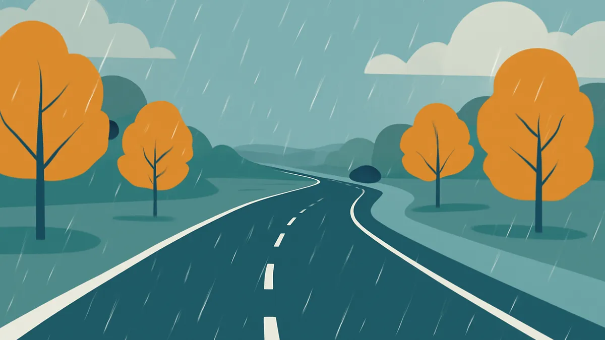 A winding road with white dashed lines and solid white lines on a rainy day, flanked by orange trees and green hills