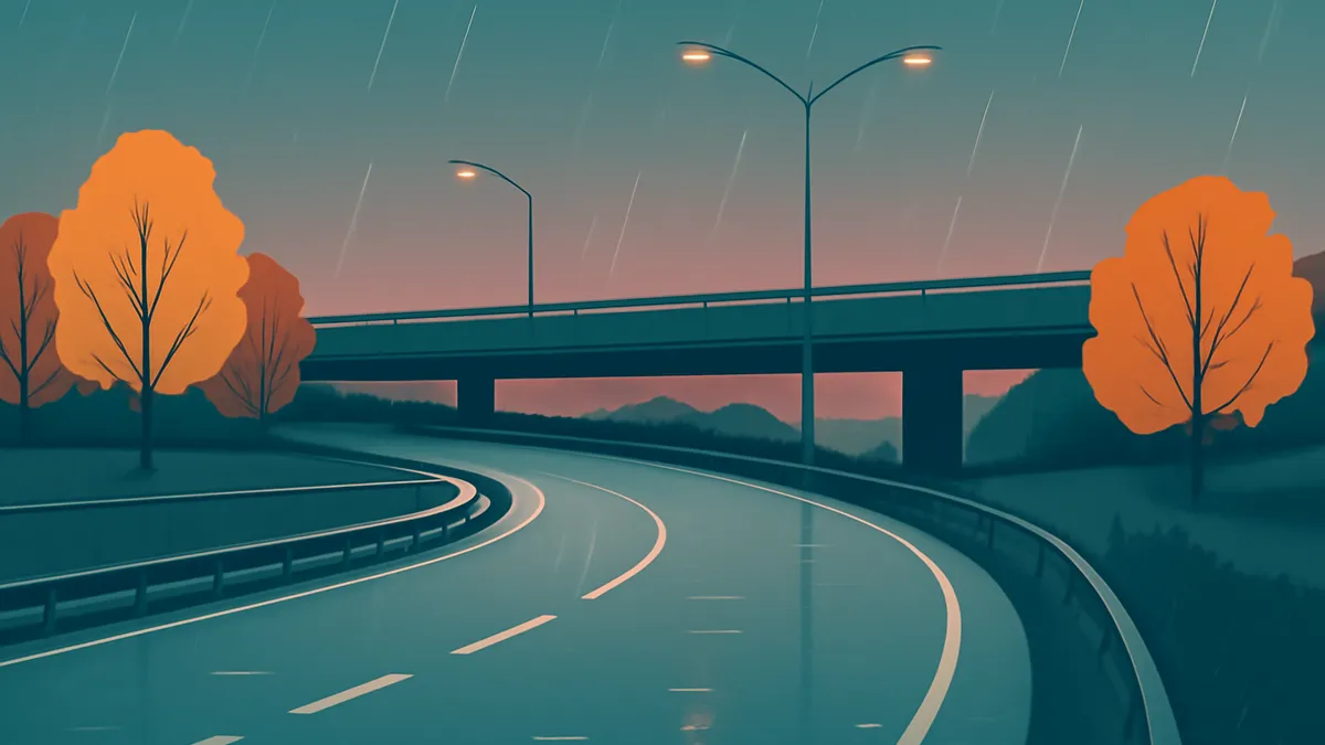 A winding highway under an overpass with streetlights and orange trees on a rainy evening