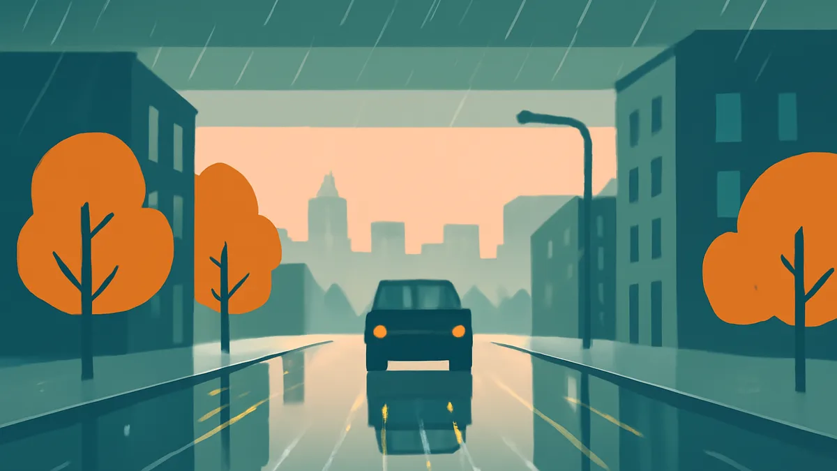 A dark car with headlights on drives down a wet city street in the rain, with buildings and trees on either side