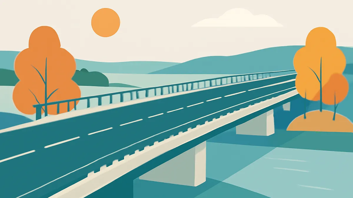 A highway bridge over water with trees and hills in the background under a sunny sky in a flat illustration style