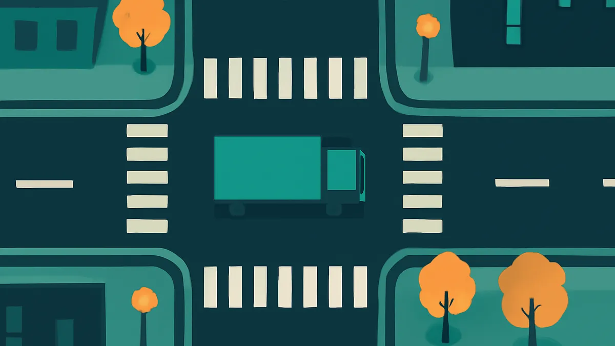 An overhead view of a teal truck at a crosswalk in a city intersection with orange trees and buildings