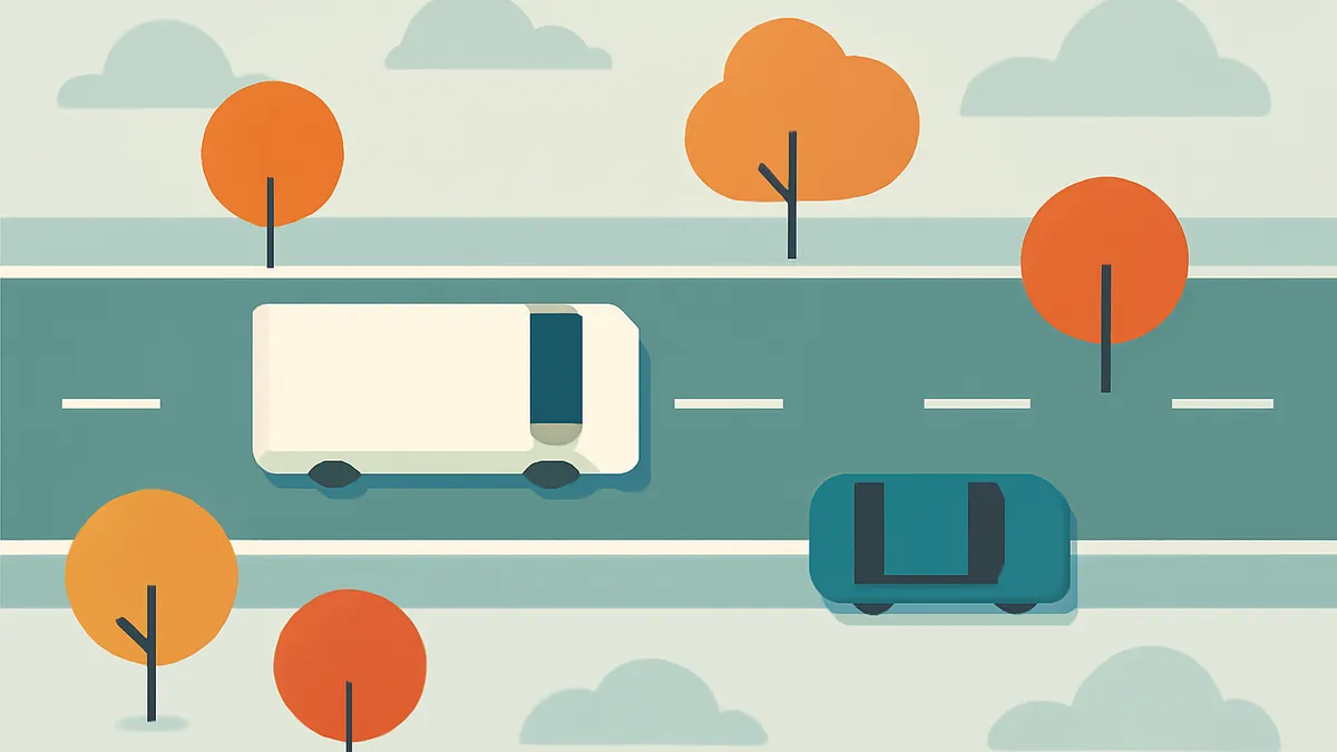 An overhead view of a white van and a blue car driving on a two-lane road with orange trees and clouds