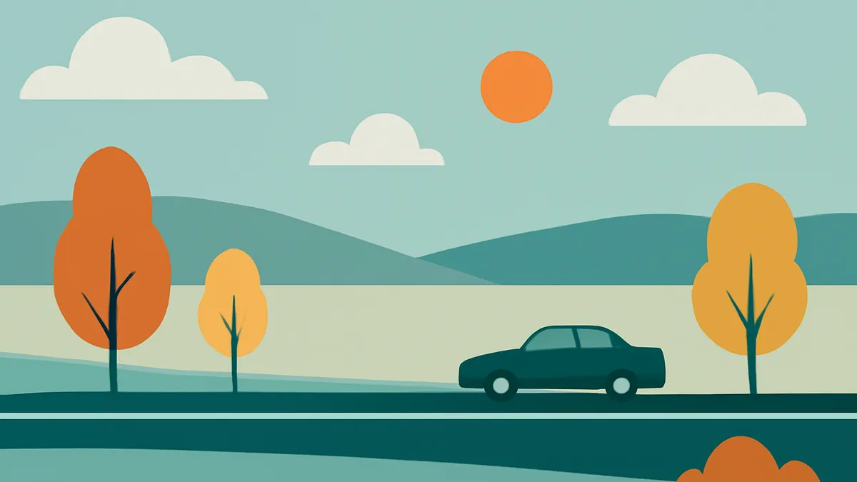 A car drives on a road through a landscape with trees, hills, clouds, and a sun in a flat, minimalist style