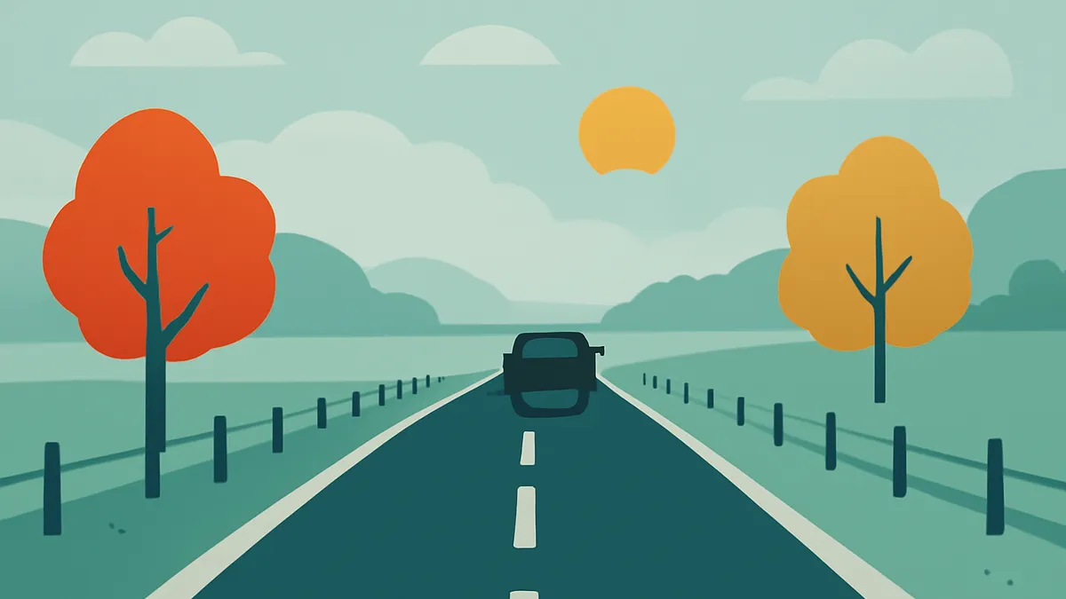 A car drives down a two-lane road with a sun and clouds in the sky and trees on either side