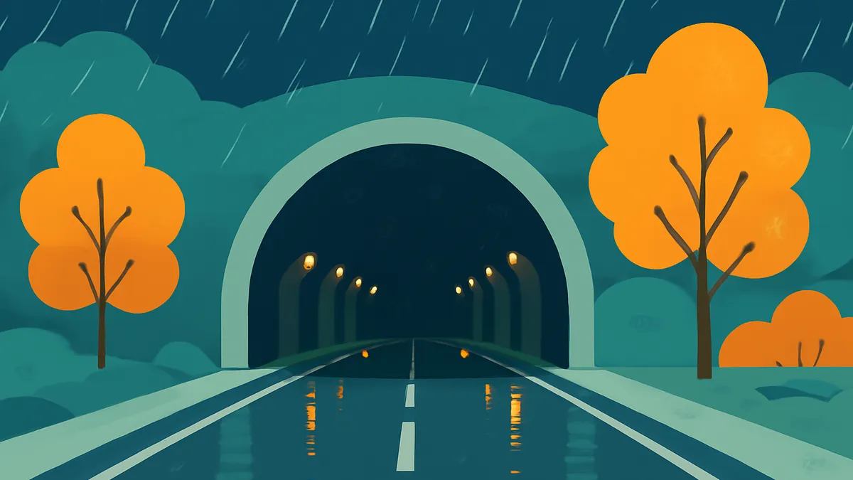 A road leading into a tunnel, flanked by orange trees and teal hills under a rainy sky