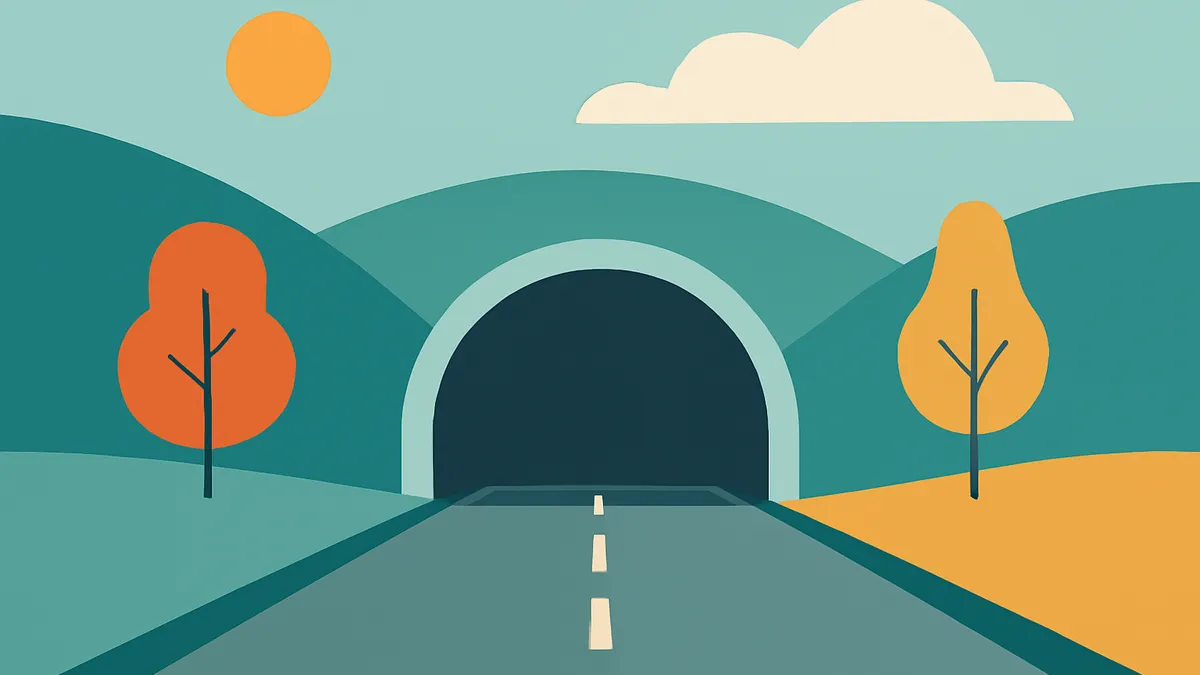 A road leading into a tunnel, flanked by hills and trees under a sky with a sun and a cloud, in flat teal and orange tones