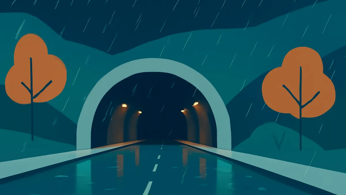 A dark tunnel entrance on a rainy night, with two orange trees on either side of the road