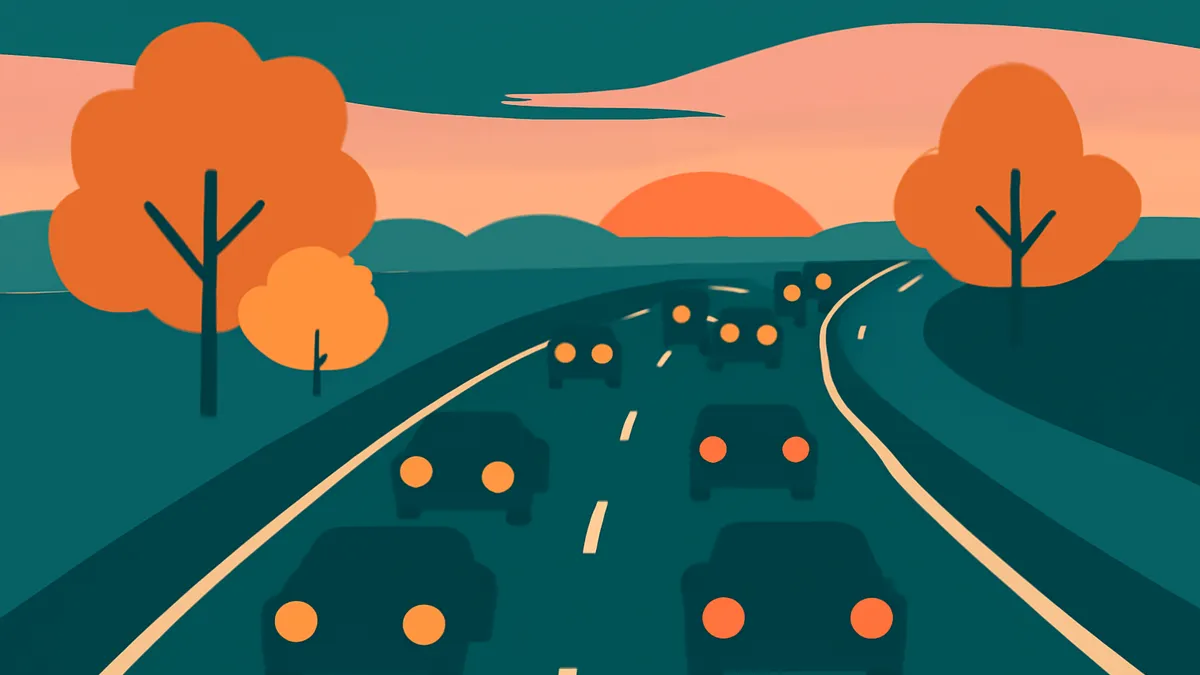 A highway with cars and trees at sunset in a flat, stylized illustration