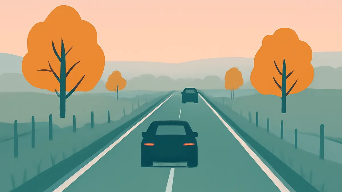 Two cars driving on a highway with orange trees and green fields under a pale orange sky