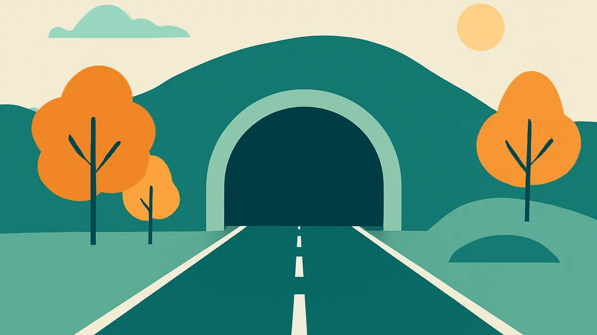 A road leading into a tunnel through a green hill, with orange trees and a sun in a minimalist style