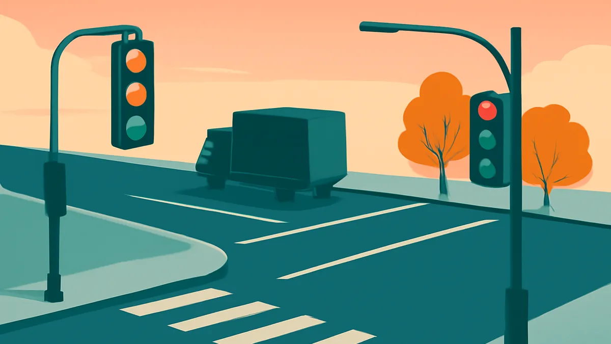 A teal box truck on a teal road with two traffic lights and orange trees under an orange sky