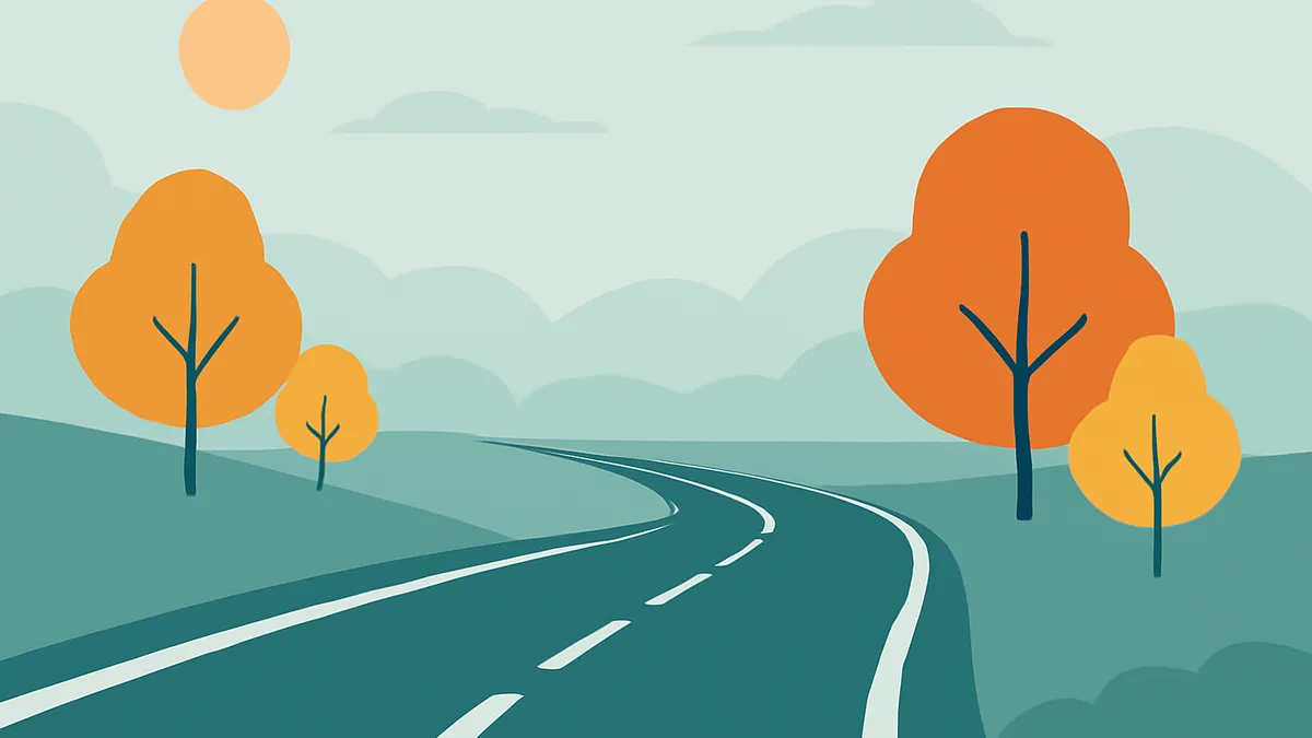 A winding road with a solid white line on the right and a dashed white line on the left, with orange trees and a sun