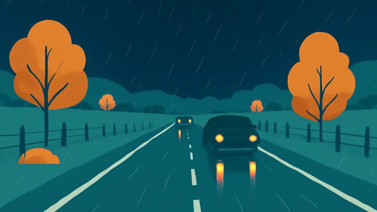 Two cars driving on a wet road at night with orange trees and a fence on the side, in a flat illustration style