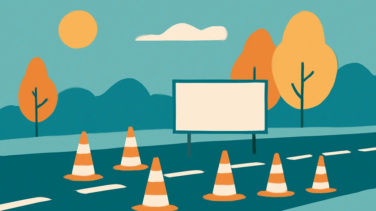 A road with orange and white traffic cones, a blank billboard, and trees under a blue sky with a sun and cloud
