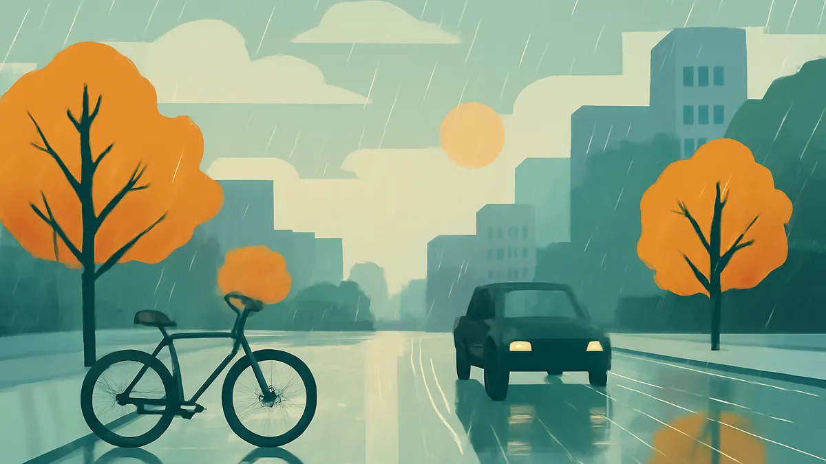 A bicycle parked on the side of a wet road with a car driving in the distance, under a rainy sky with orange trees
