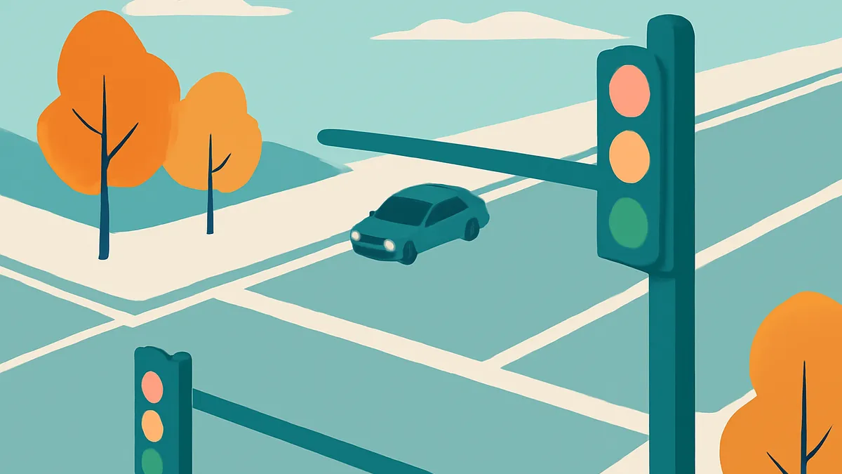 A teal car on a road with white lines, two traffic lights, and orange trees under a light blue sky