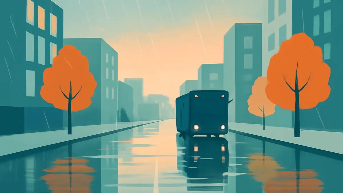 A bus drives down a wet city street at dusk, with orange trees and teal buildings on either side