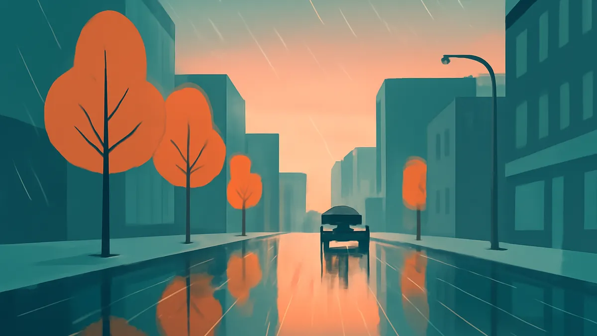 A car drives down a wet city street lined with buildings and orange trees under a peach sky