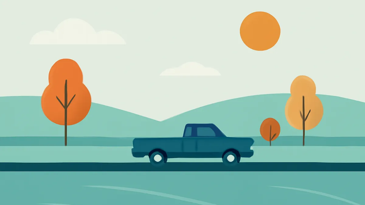 A blue pickup truck drives on a road through a landscape with orange trees and hills under a light blue sky
