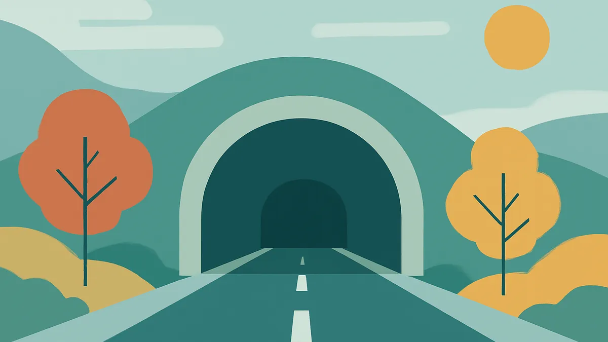 A road leading into a tunnel, flanked by hills and trees under a sun in teal and orange tones