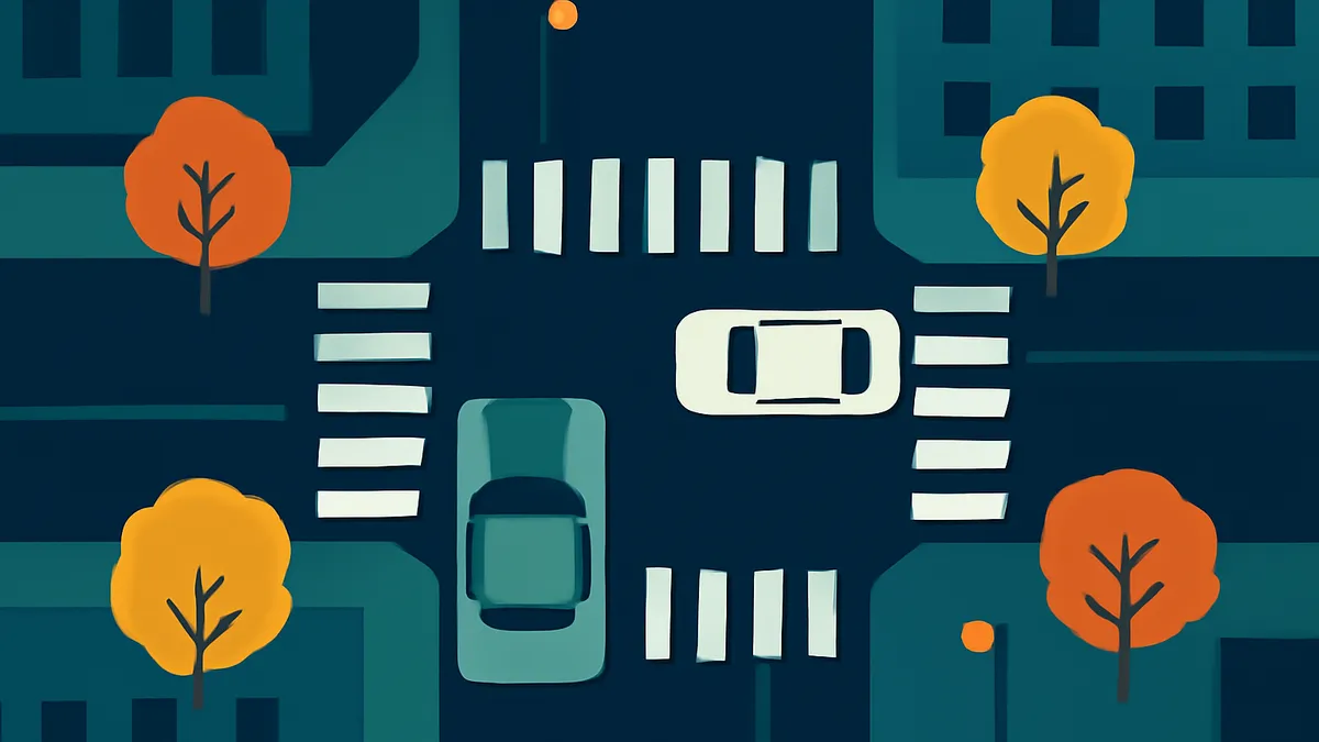 An overhead view of a city intersection with two cars, four trees, and crosswalks in a flat, dark teal and orange color