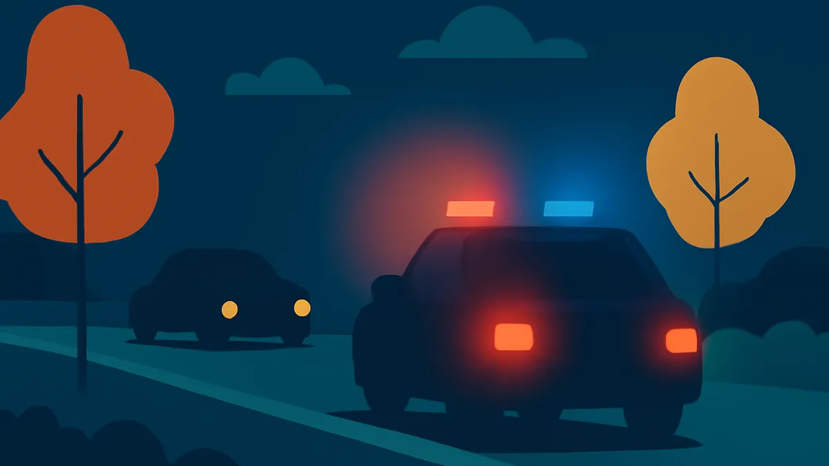 A police car with flashing lights and another car on a dark road at night, with trees and clouds