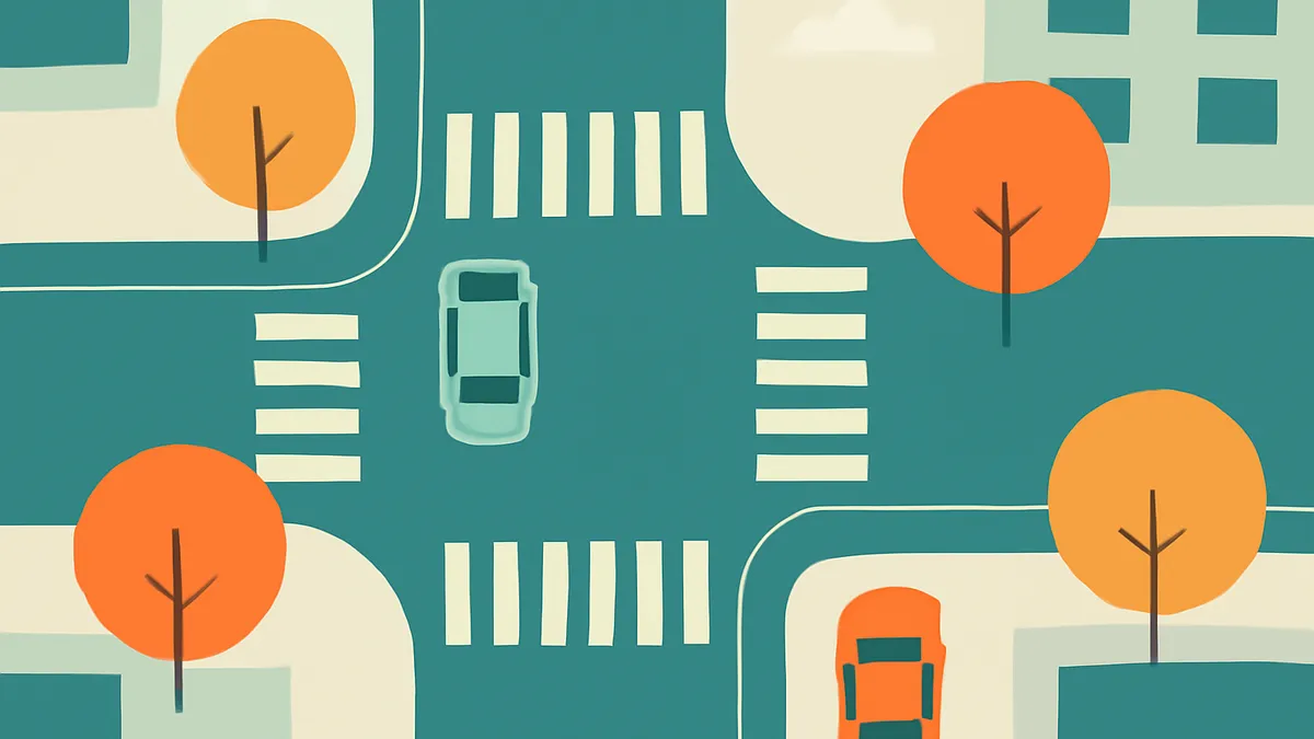 An overhead view of a teal intersection with two cars, four trees, and buildings in a flat, minimalist style