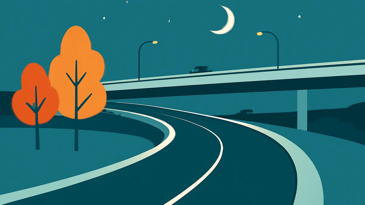 A highway scene at night with an overpass, two cars, and two orange trees under a crescent moon and stars