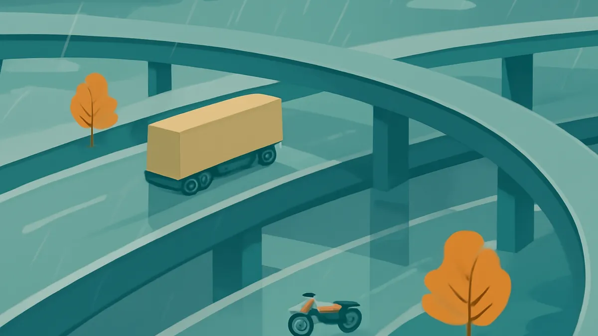 A semi-truck and a motorcycle on a multi-level highway system with trees in a teal and orange color scheme