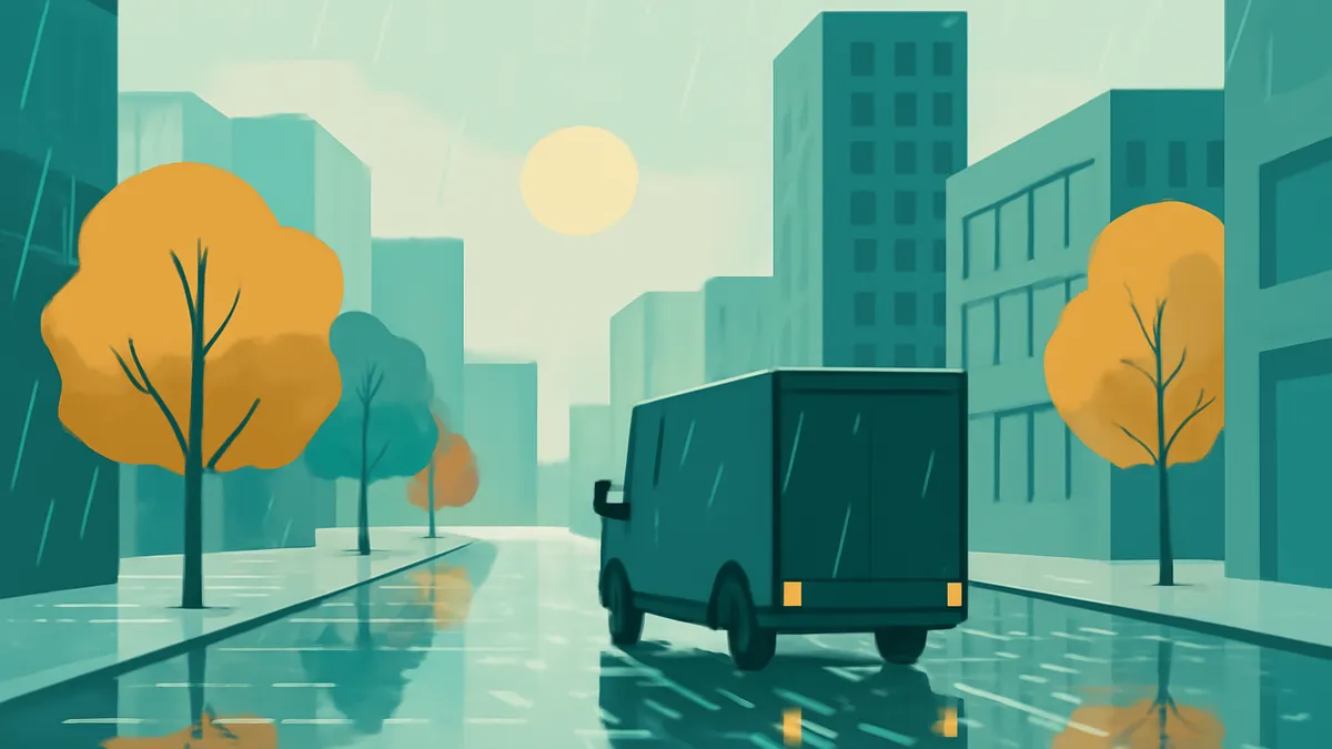 A dark teal delivery truck drives away on a wet city street under a pale yellow sun, with teal buildings and orange trees